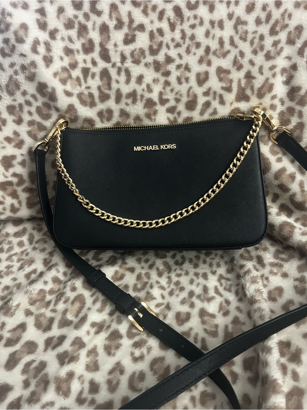 Michael Kors Black Saffiano Crossbody with Gold Chain Accent